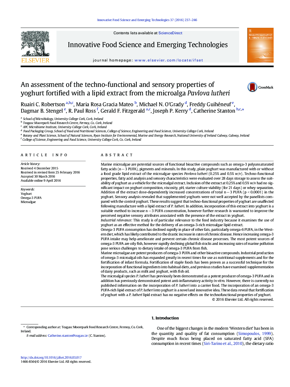 An assessment of the techno-functional and sensory properties of yoghurt fortified with a lipid extract from the microalga Pavlova lutheri