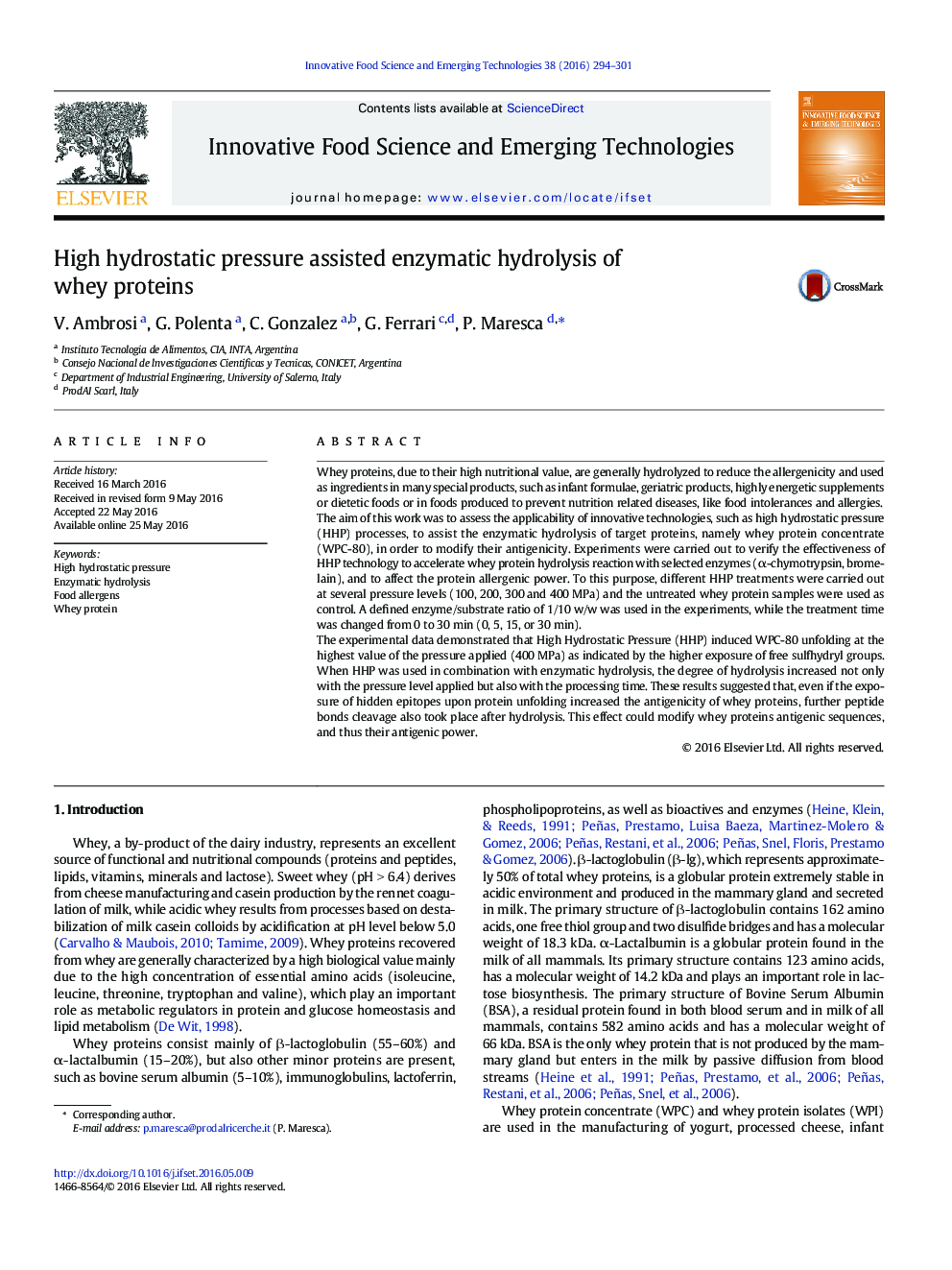 High hydrostatic pressure assisted enzymatic hydrolysis of whey proteins