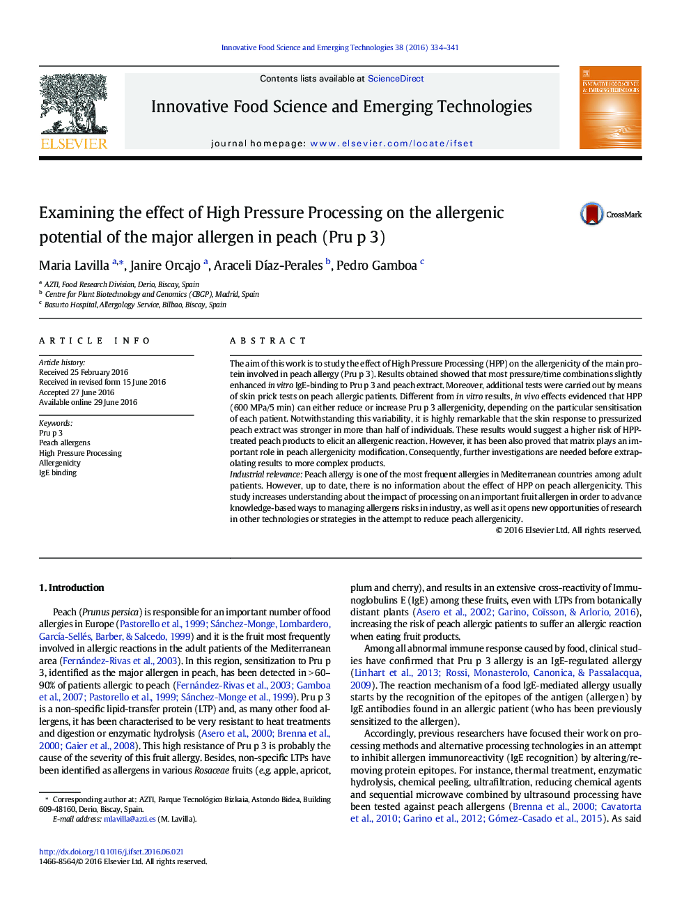 Examining the effect of High Pressure Processing on the allergenic potential of the major allergen in peach (Pru p 3)