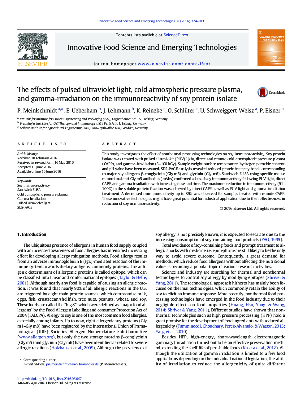 The effects of pulsed ultraviolet light, cold atmospheric pressure plasma, and gamma-irradiation on the immunoreactivity of soy protein isolate