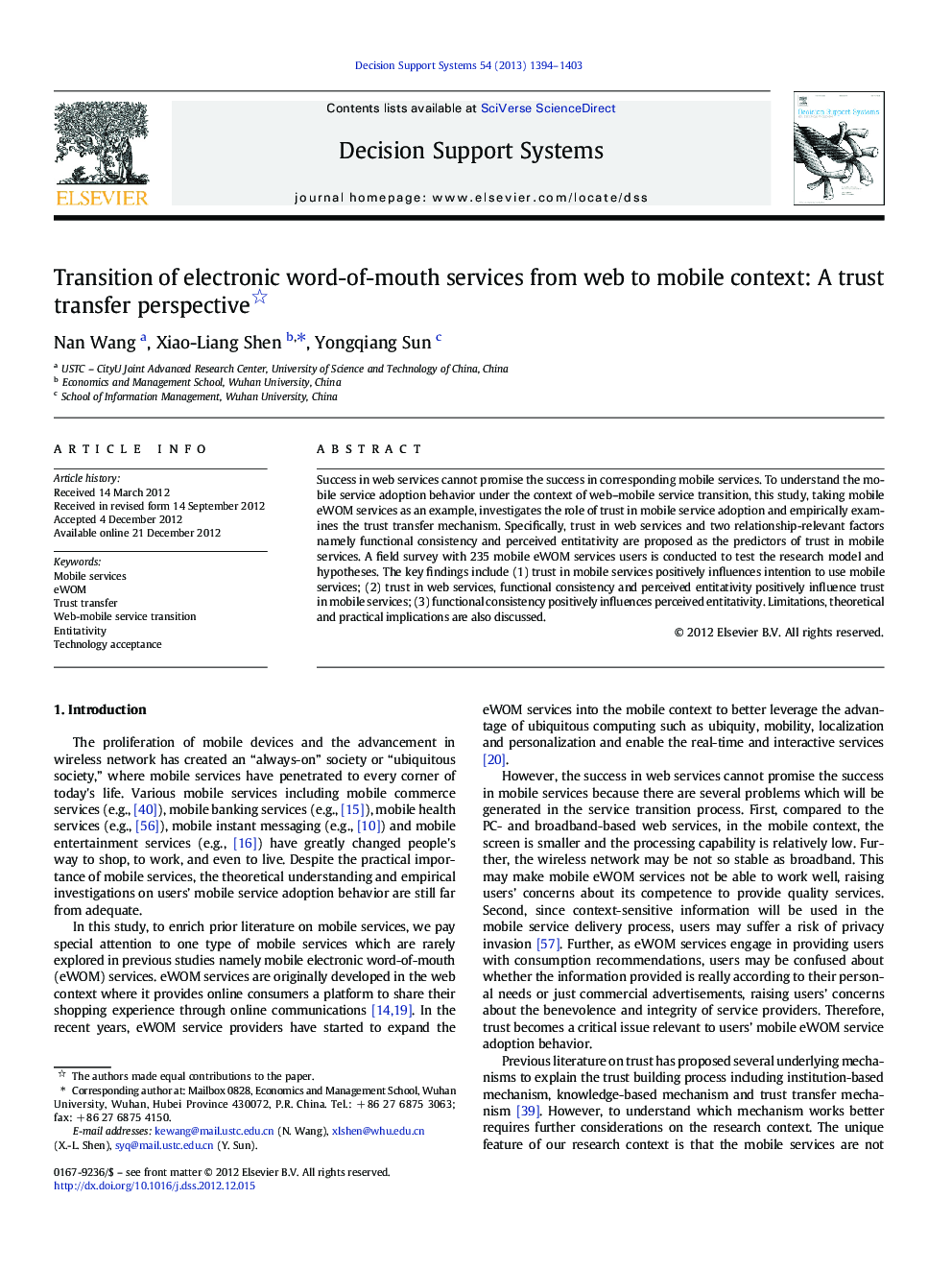 Transition of electronic word-of-mouth services from web to mobile context: A trust transfer perspective 