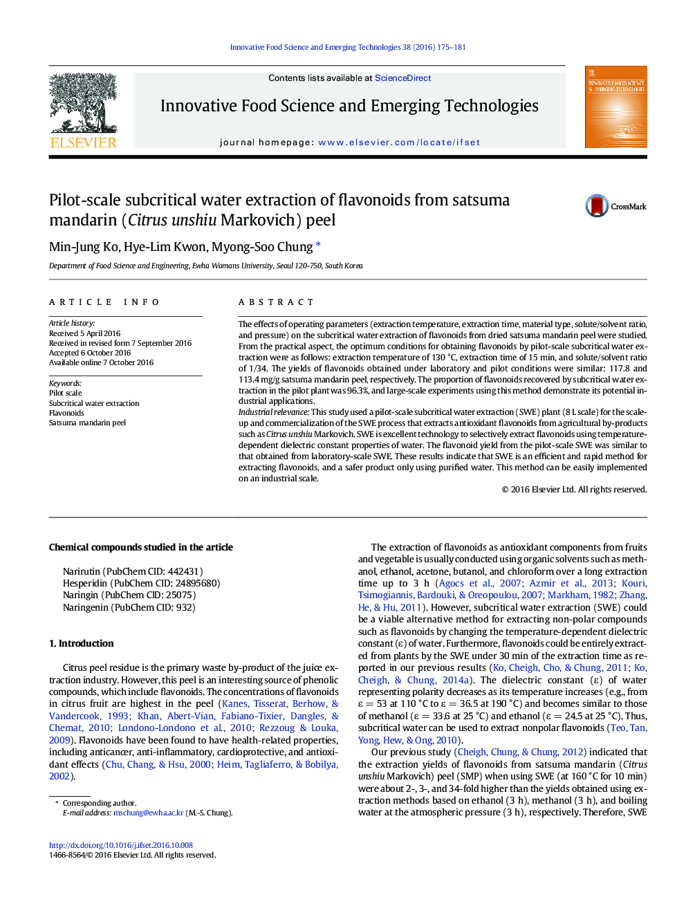 Pilot-scale subcritical water extraction of flavonoids from satsuma mandarin (Citrus unshiu Markovich) peel