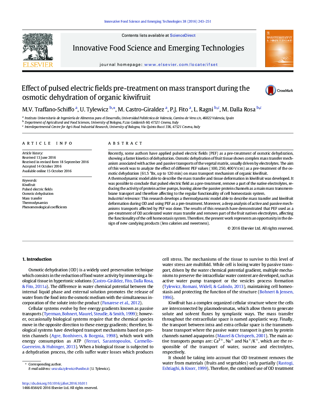 Effect of pulsed electric fields pre-treatment on mass transport during the osmotic dehydration of organic kiwifruit