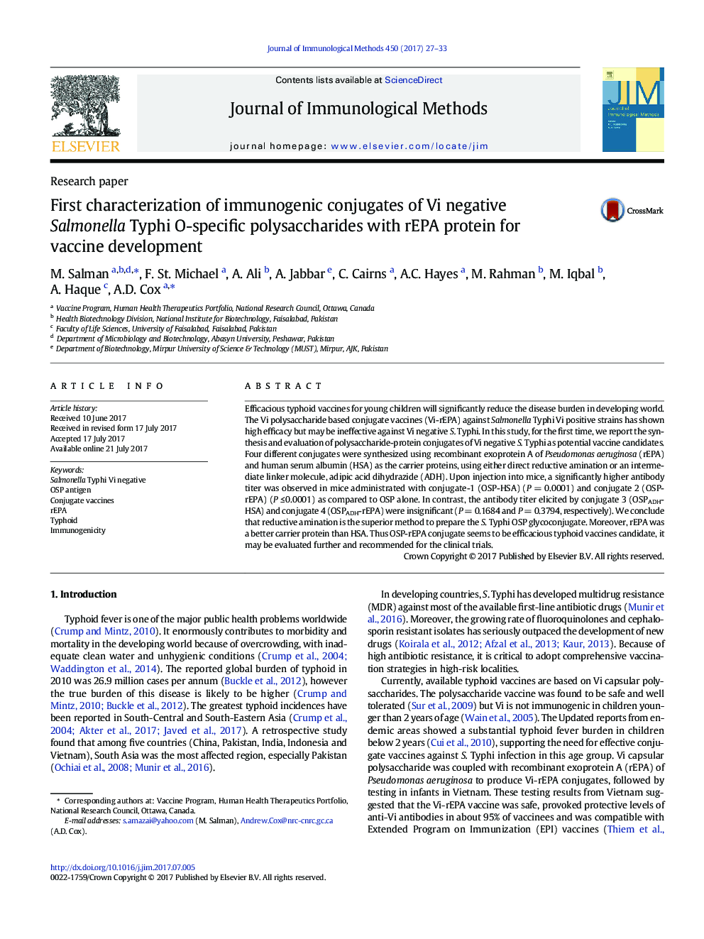 Research paperFirst characterization of immunogenic conjugates of Vi negative Salmonella Typhi O-specific polysaccharides with rEPA protein for vaccine development