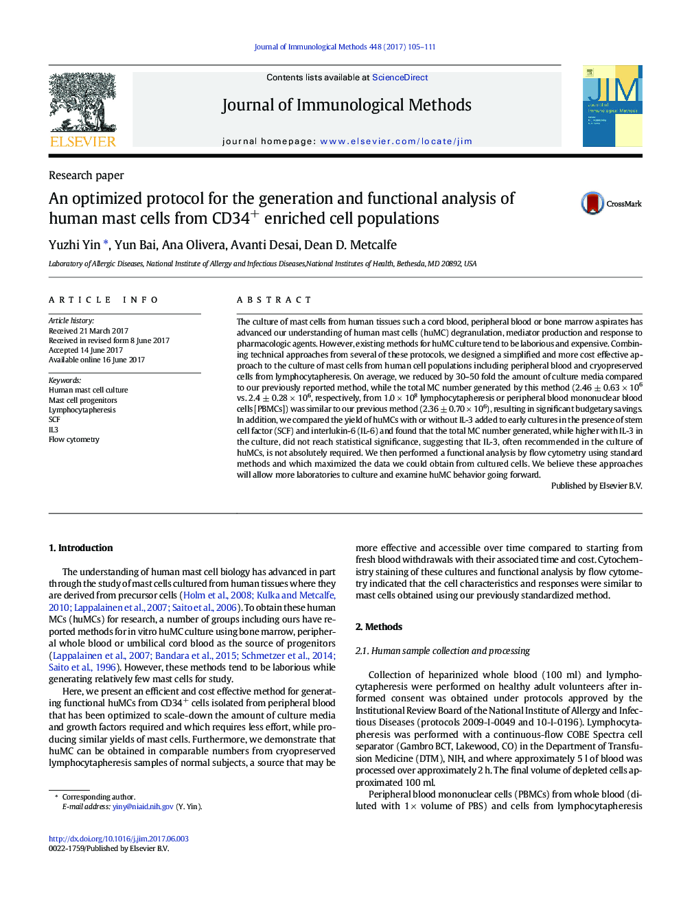 Research paperAn optimized protocol for the generation and functional analysis of human mast cells from CD34+ enriched cell populations