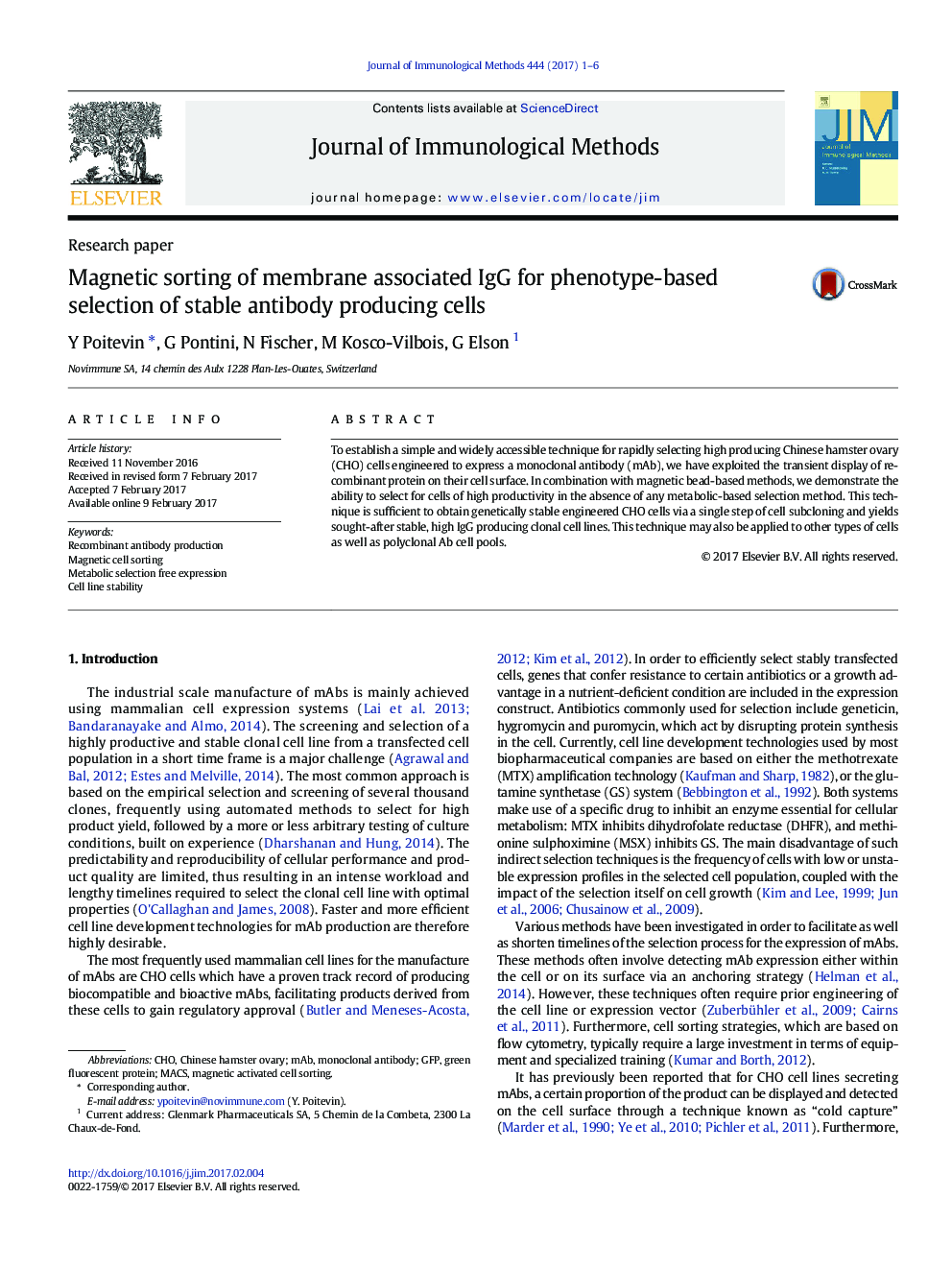 Research paperMagnetic sorting of membrane associated IgG for phenotype-based selection of stable antibody producing cells