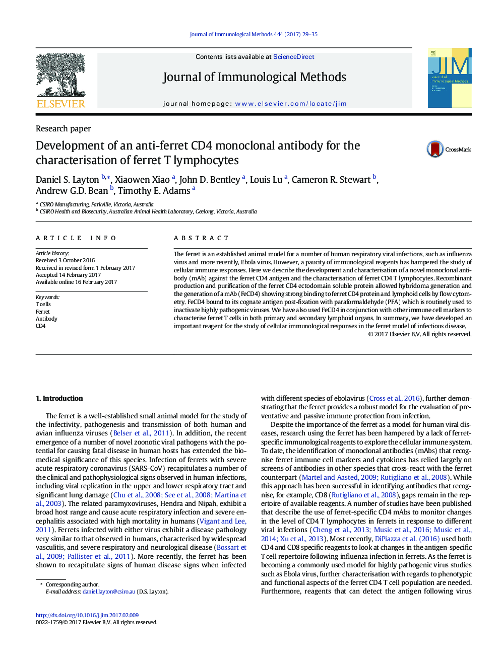 Research paperDevelopment of an anti-ferret CD4 monoclonal antibody for the characterisation of ferret T lymphocytes