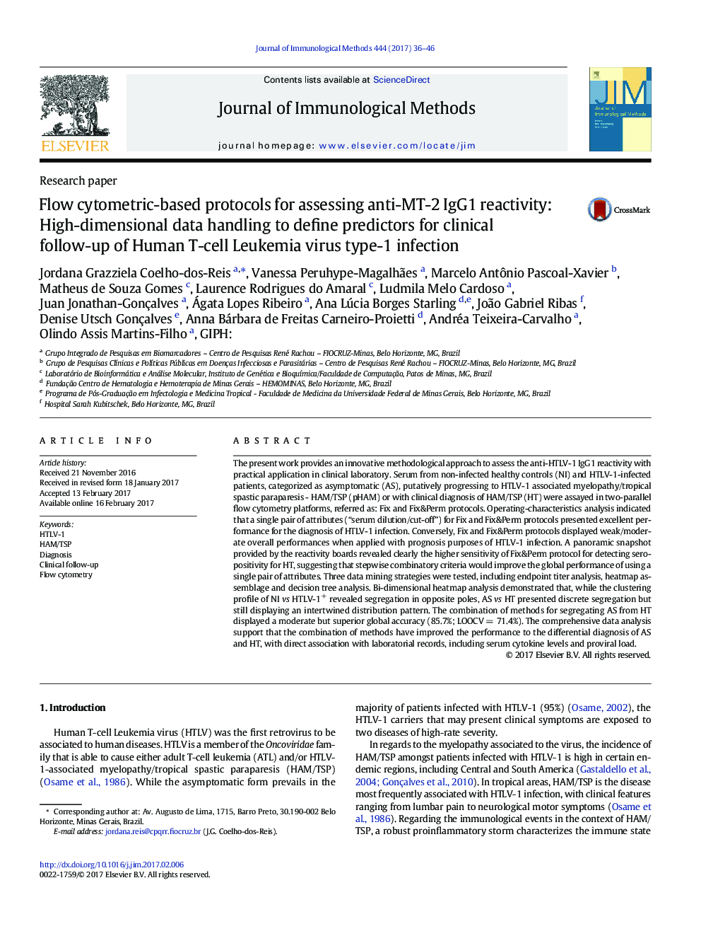 Research paperFlow cytometric-based protocols for assessing anti-MT-2 IgG1 reactivity: High-dimensional data handling to define predictors for clinical follow-up of Human T-cell Leukemia virus type-1 infection