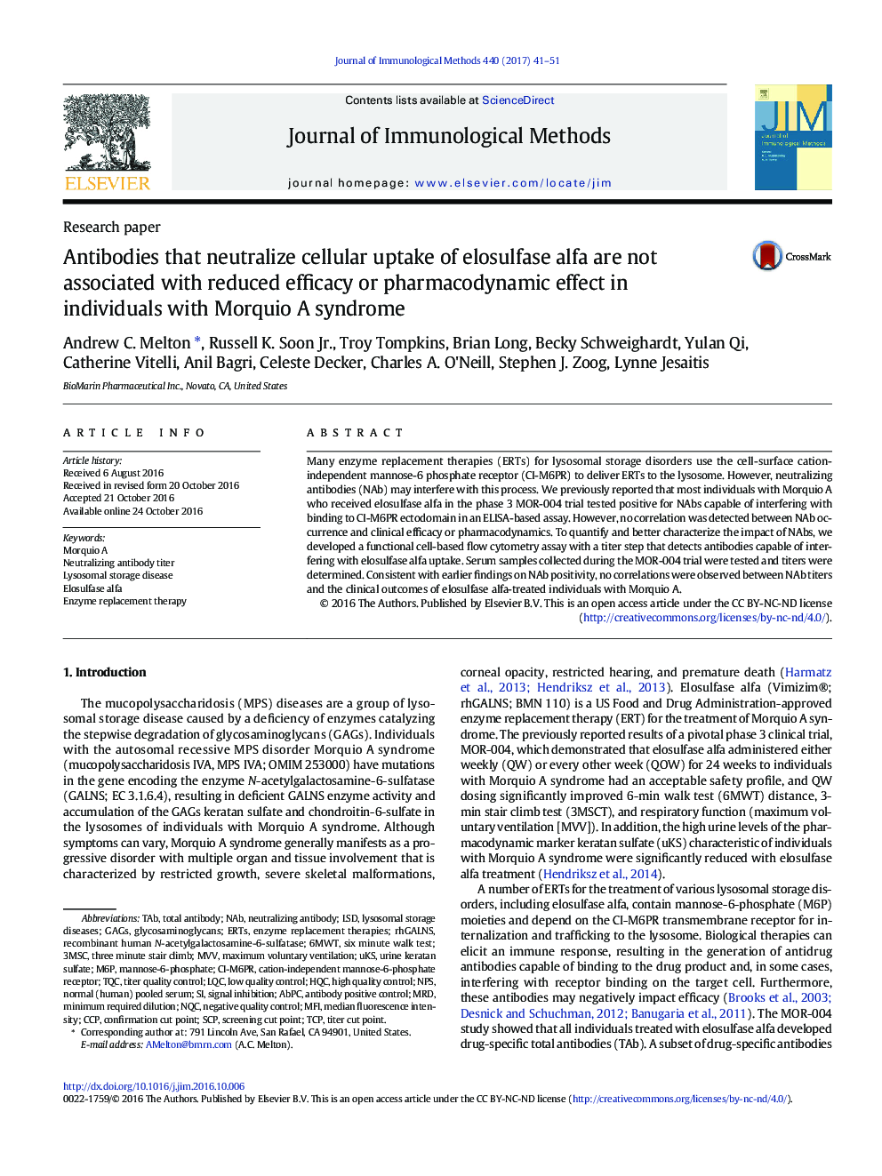 Antibodies that neutralize cellular uptake of elosulfase alfa are not associated with reduced efficacy or pharmacodynamic effect in individuals with Morquio A syndrome