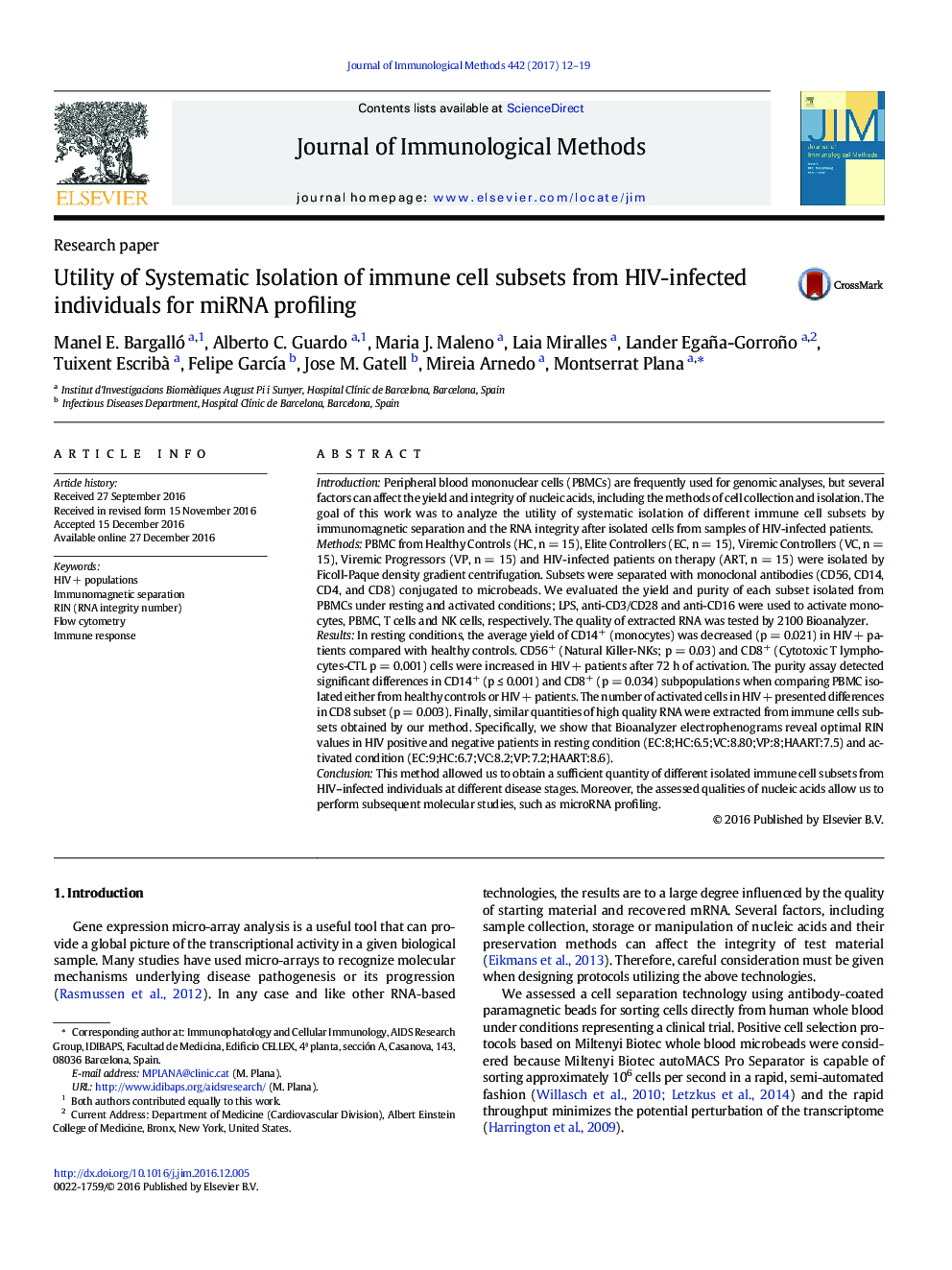 Research paperUtility of Systematic Isolation of immune cell subsets from HIV-infected individuals for miRNA profiling