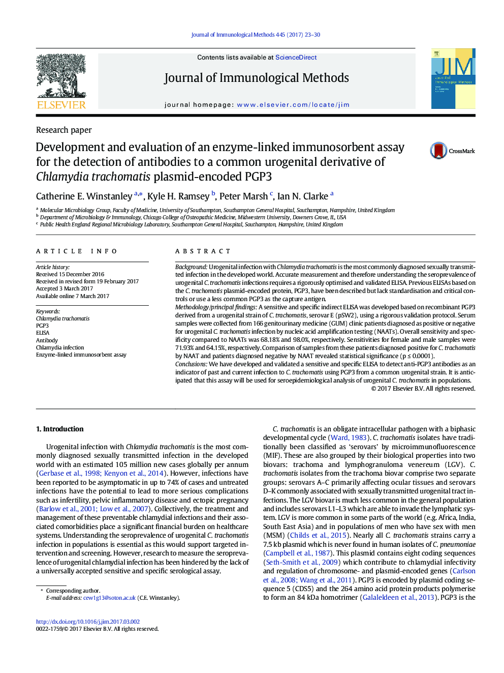 Research paperDevelopment and evaluation of an enzyme-linked immunosorbent assay for the detection of antibodies to a common urogenital derivative of Chlamydia trachomatis plasmid-encoded PGP3