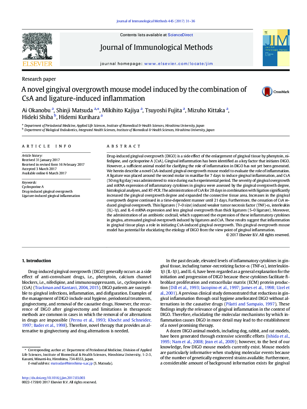 Research paperA novel gingival overgrowth mouse model induced by the combination of CsA and ligature-induced inflammation