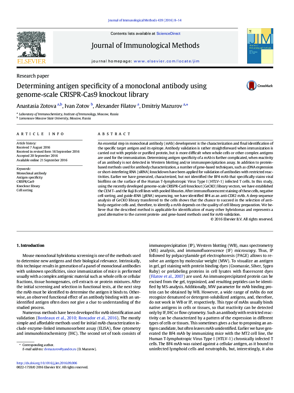 Research paperDetermining antigen specificity of a monoclonal antibody using genome-scale CRISPR-Cas9 knockout library