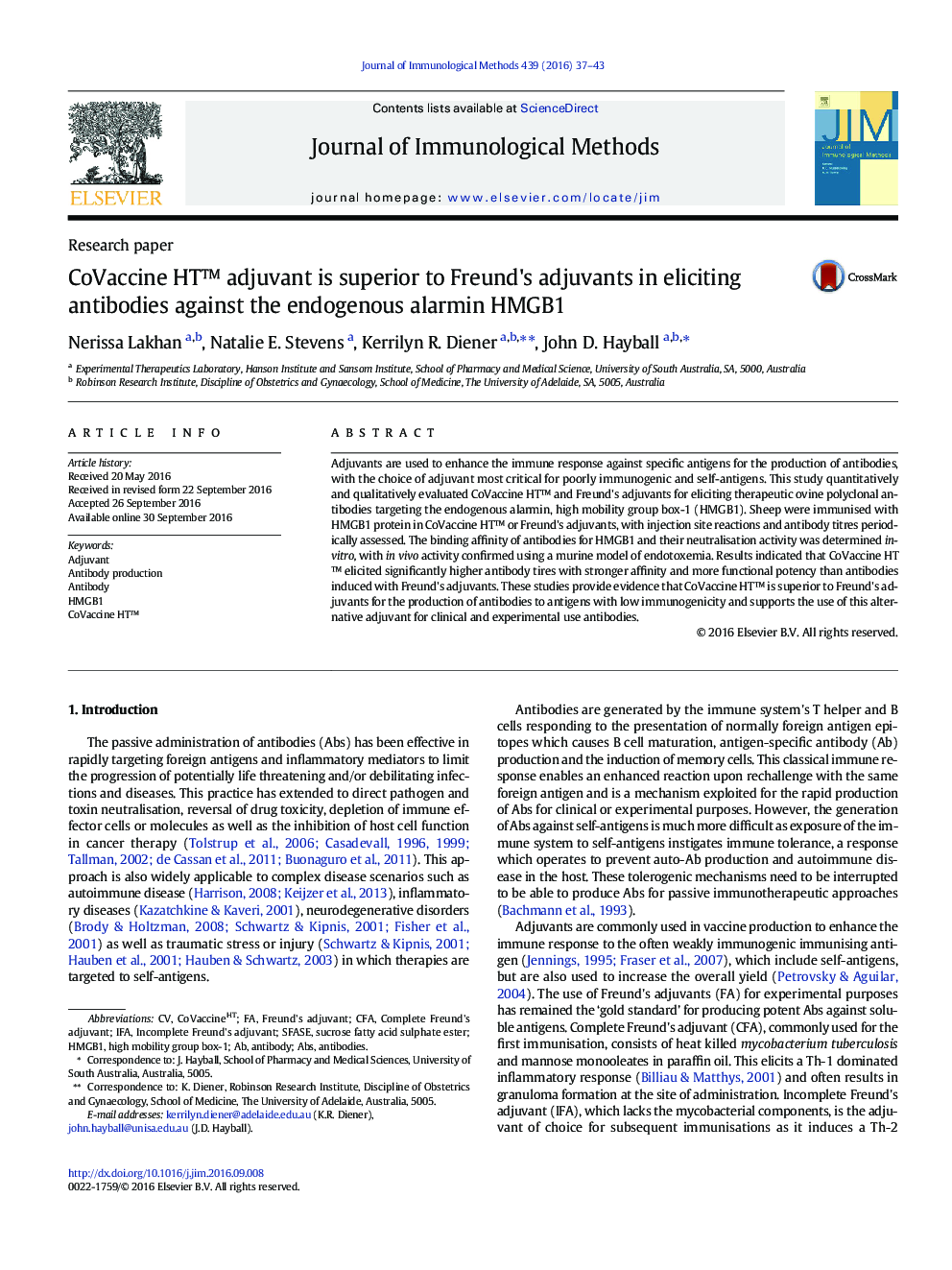 Research paperCoVaccine HTâ¢ adjuvant is superior to Freund's adjuvants in eliciting antibodies against the endogenous alarmin HMGB1