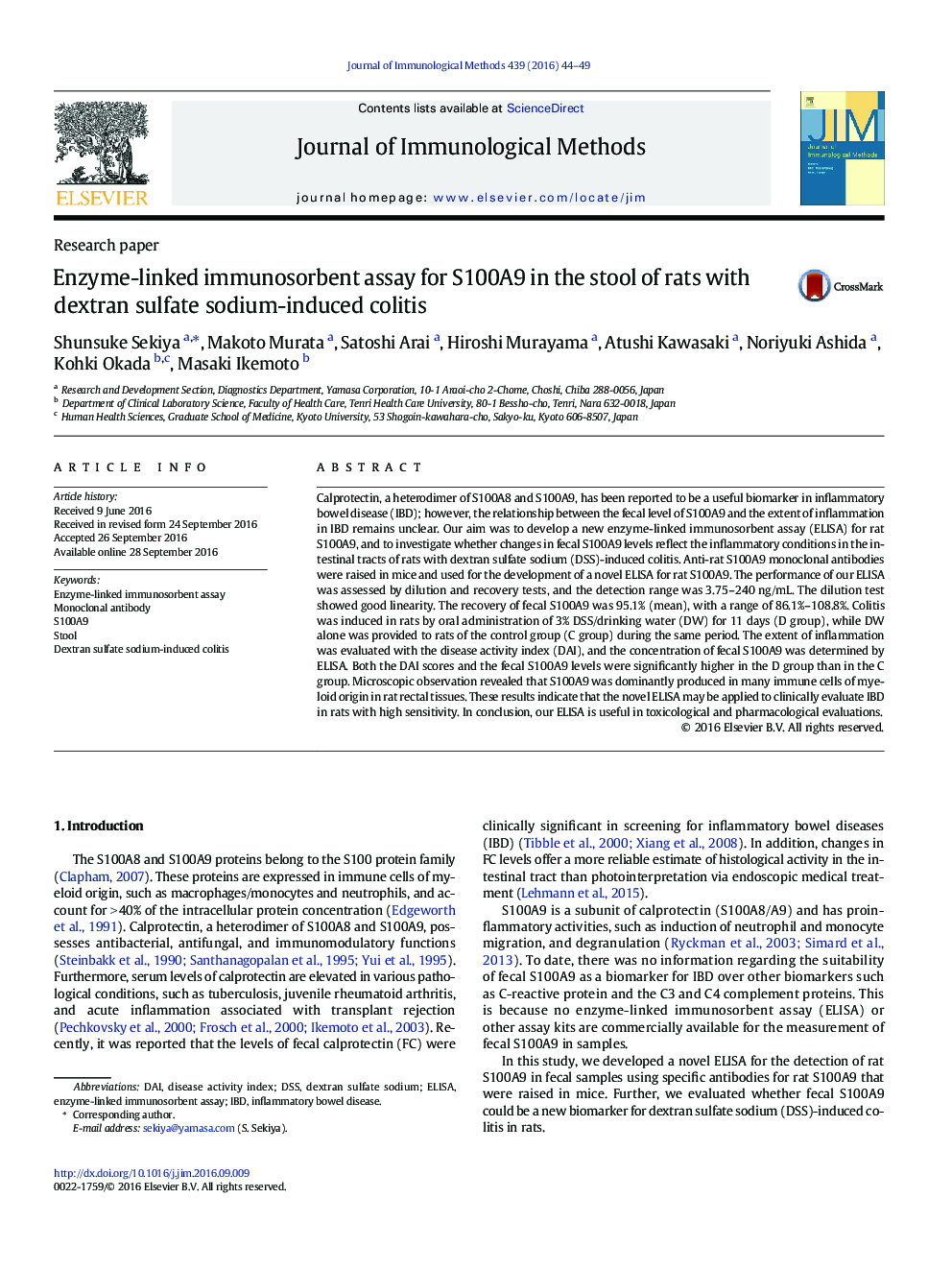 Research paperEnzyme-linked immunosorbent assay for S100A9 in the stool of rats with dextran sulfate sodium-induced colitis