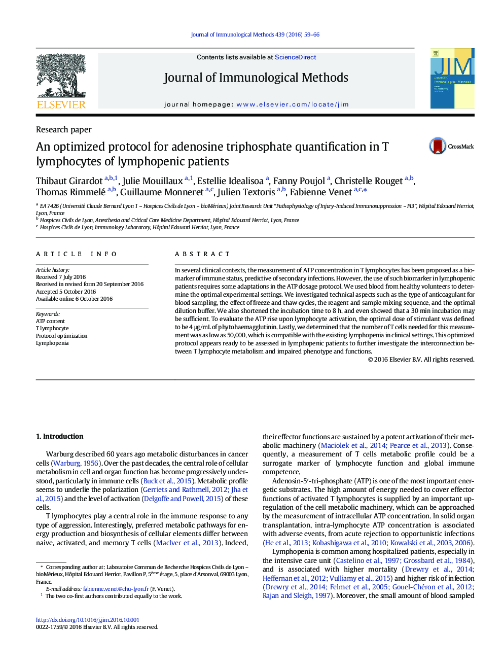 Research paperAn optimized protocol for adenosine triphosphate quantification in T lymphocytes of lymphopenic patients