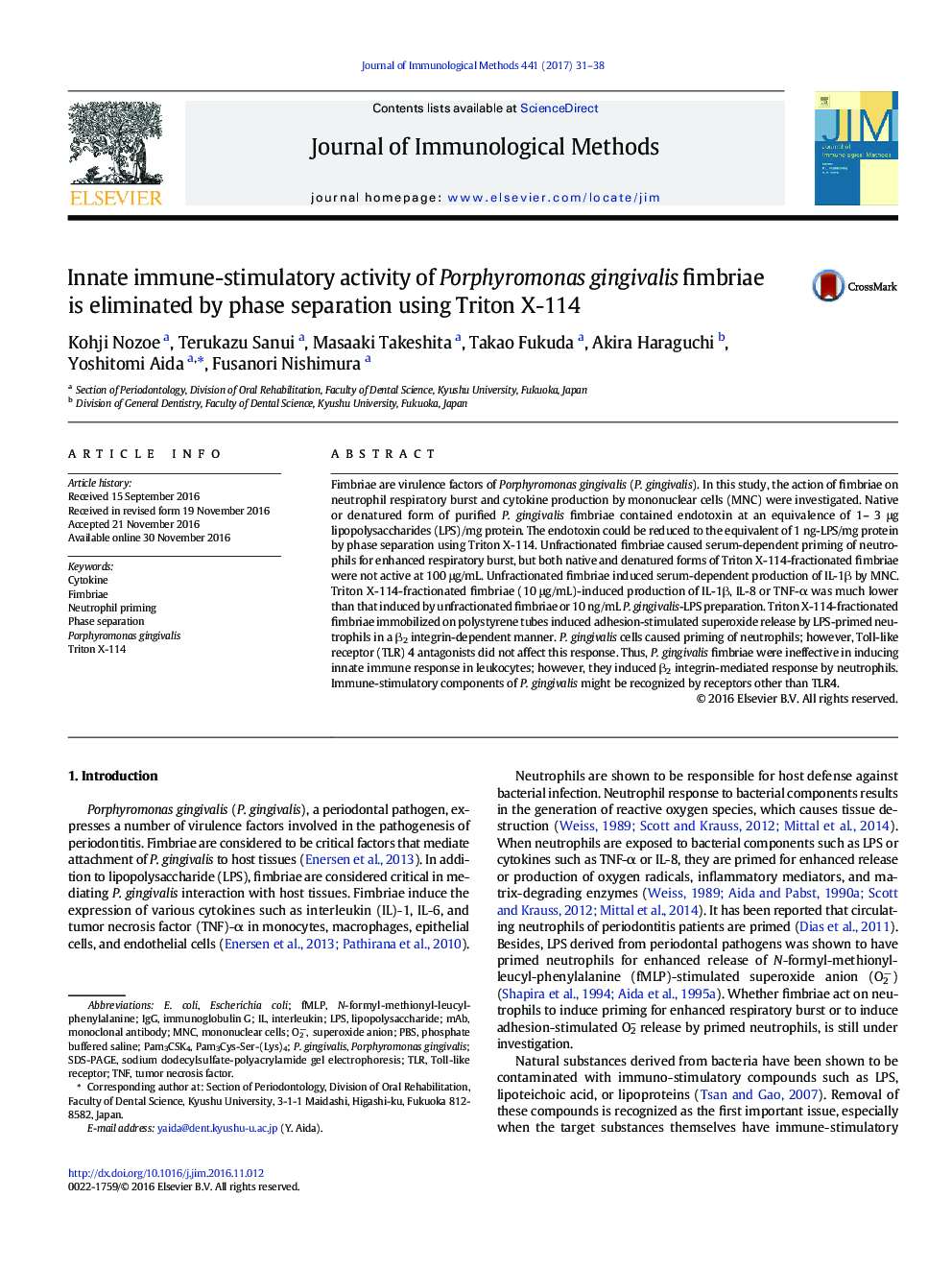 Innate immune-stimulatory activity of Porphyromonas gingivalis fimbriae is eliminated by phase separation using Triton X-114