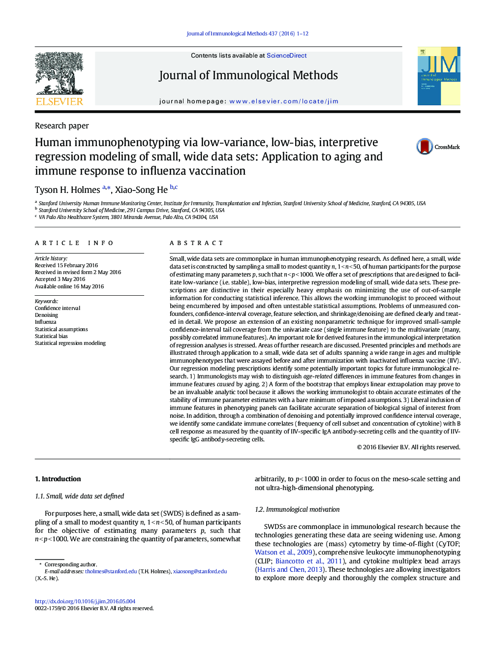 Research paperHuman immunophenotyping via low-variance, low-bias, interpretive regression modeling of small, wide data sets: Application to aging and immune response to influenza vaccination