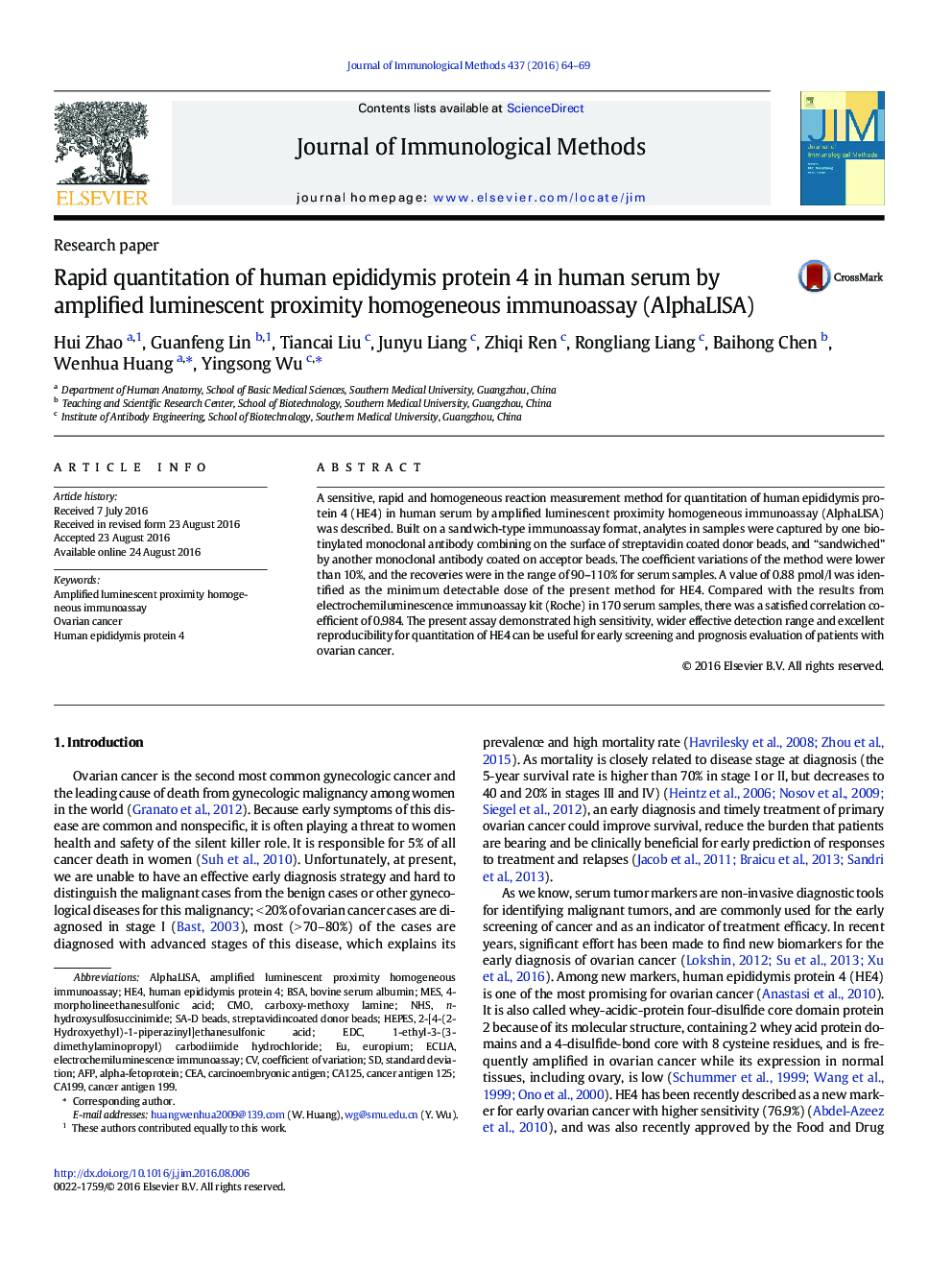 Research paperRapid quantitation of human epididymis protein 4 in human serum by amplified luminescent proximity homogeneous immunoassay (AlphaLISA)