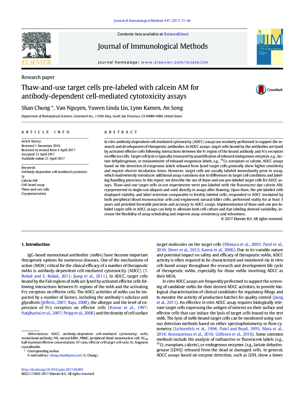 Research paperThaw-and-use target cells pre-labeled with calcein AM for antibody-dependent cell-mediated cytotoxicity assays