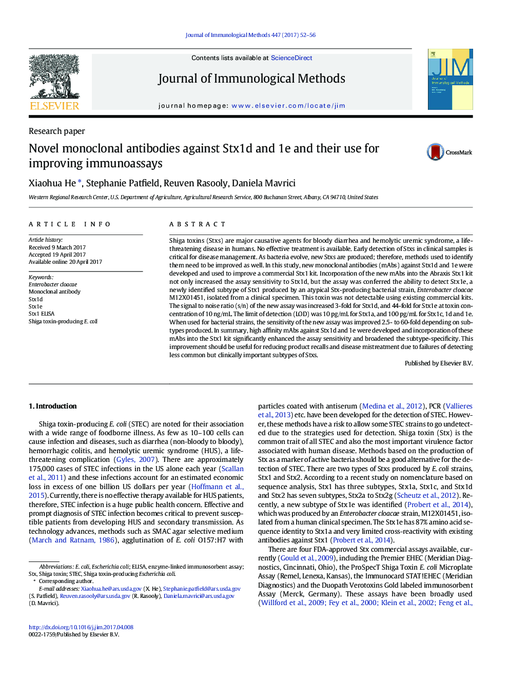 Research paperNovel monoclonal antibodies against Stx1d and 1e and their use for improving immunoassays