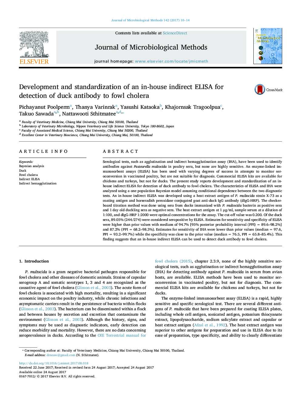 Development and standardization of an in-house indirect ELISA for detection of duck antibody to fowl cholera