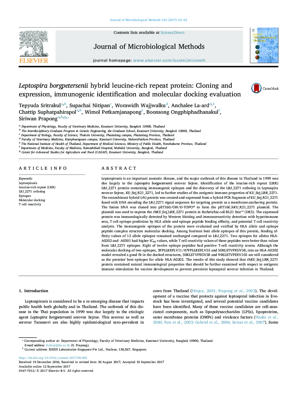 Leptospira borgpetersenii hybrid leucine-rich repeat protein: Cloning and expression, immunogenic identification and molecular docking evaluation