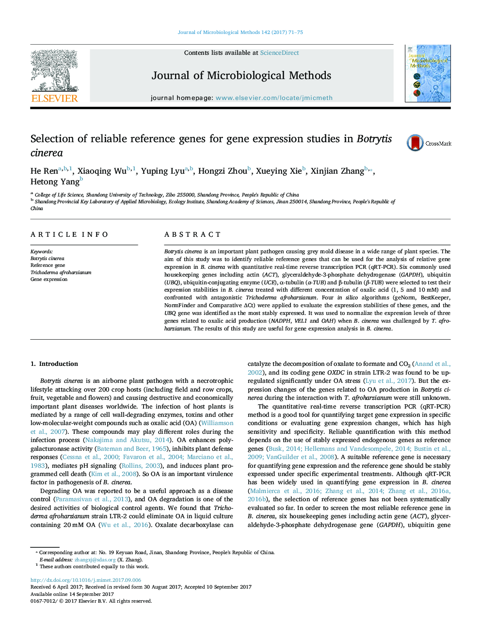 Selection of reliable reference genes for gene expression studies in Botrytis cinerea