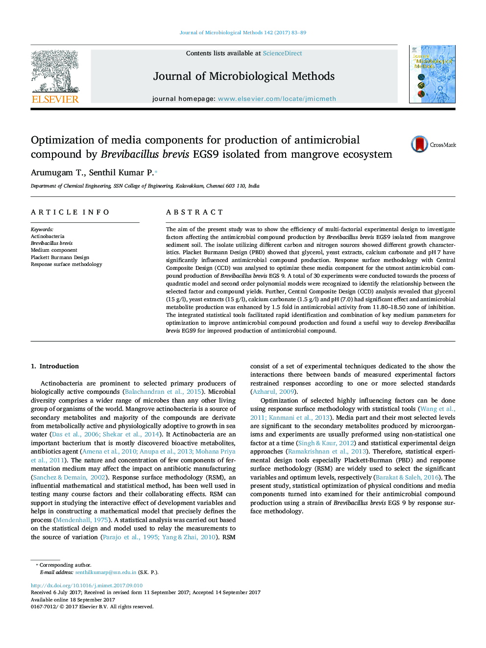 عکس صفحه اول مقاله: Optimization of media components for production of antimicrobial compound by Brevibacillus brevis EGS9 isolated from mangrove ecosystem Optimization of media components for production of antimicrobial compound by Brevibacillus brevis EGS9 isolated from mangrove ecosystem