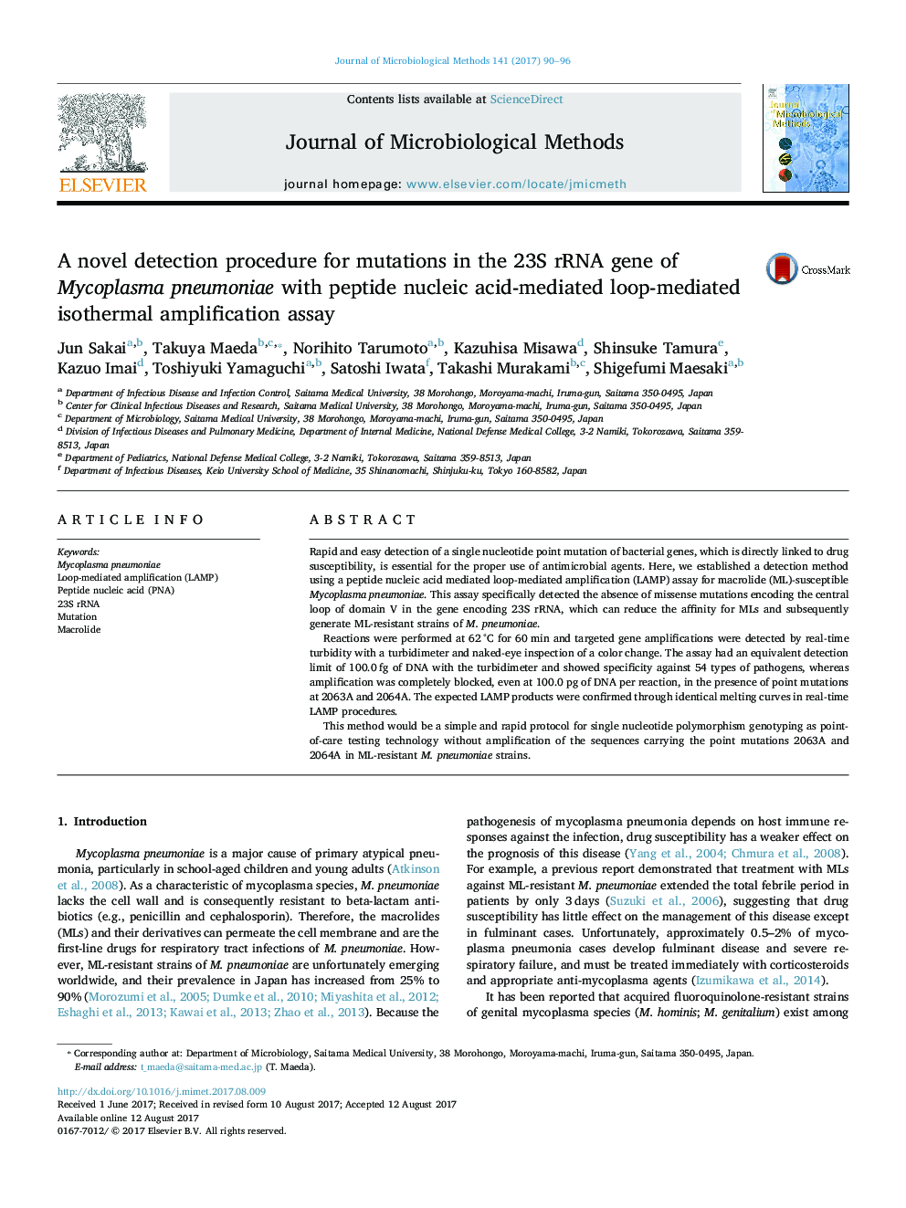 A novel detection procedure for mutations in the 23S rRNA gene of Mycoplasma pneumoniae with peptide nucleic acid-mediated loop-mediated isothermal amplification assay