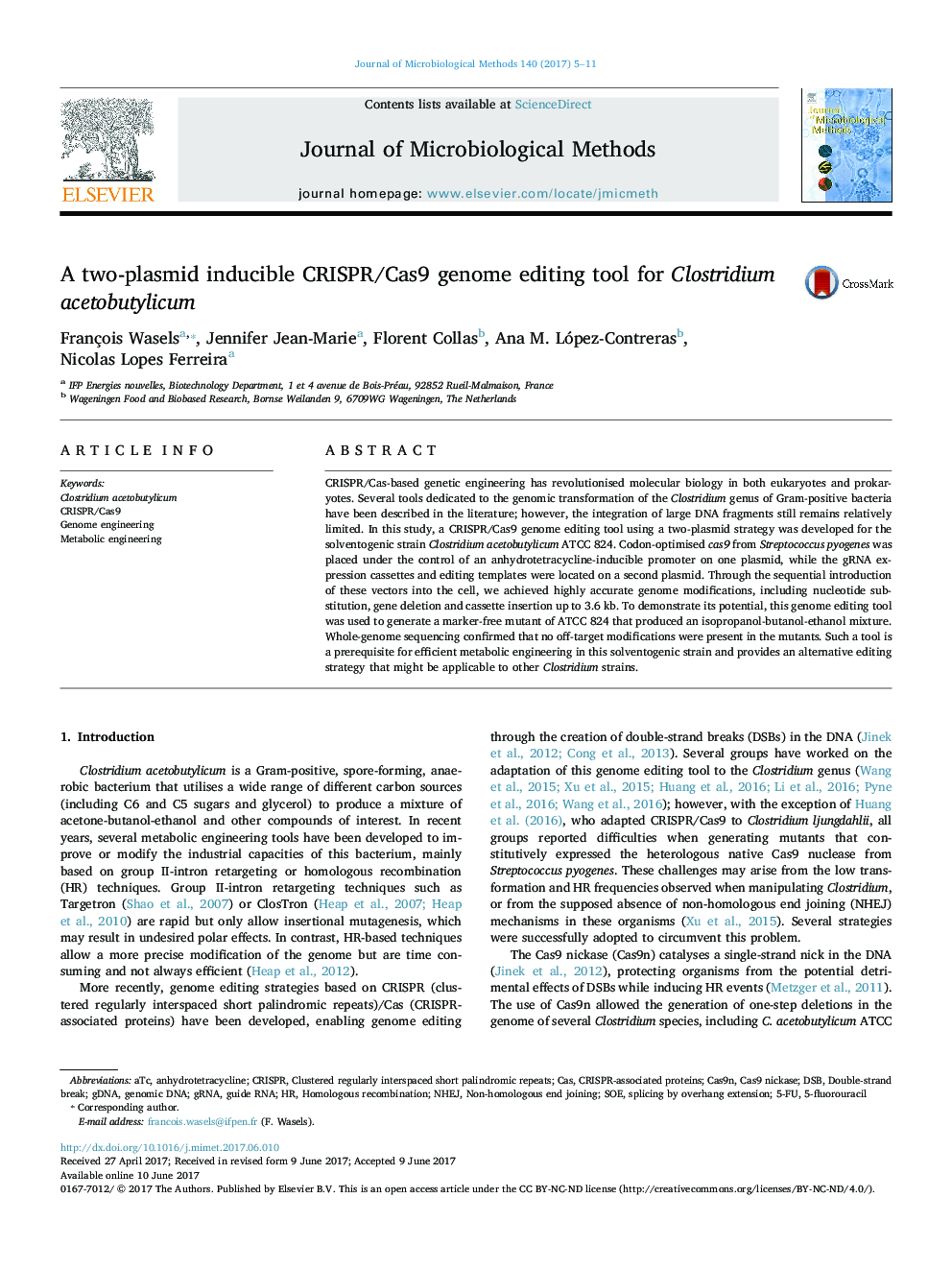 A two-plasmid inducible CRISPR/Cas9 genome editing tool for Clostridium acetobutylicum