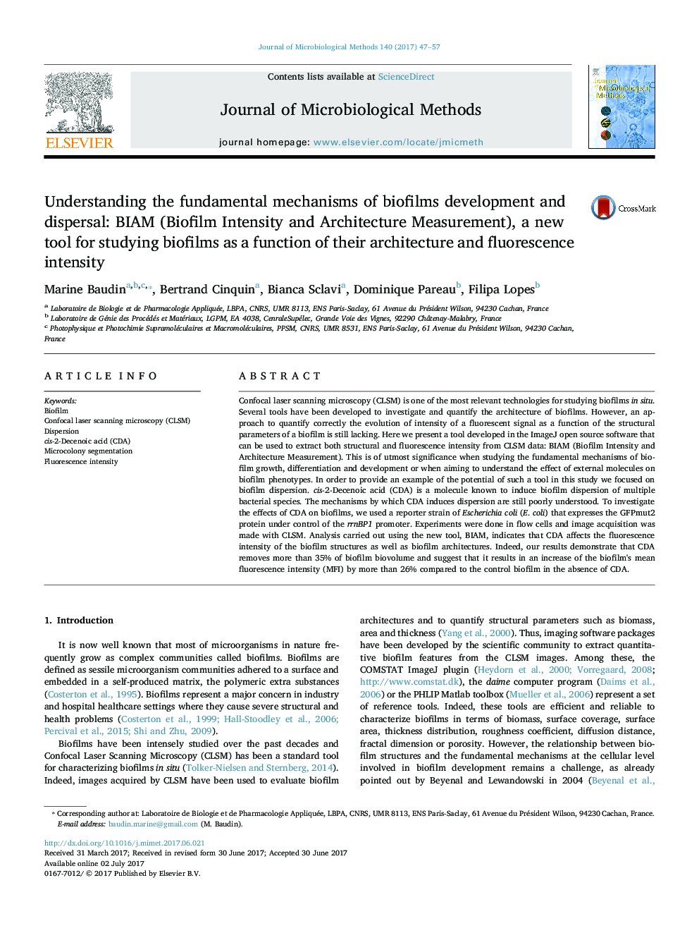 Understanding the fundamental mechanisms of biofilms development and dispersal: BIAM (Biofilm Intensity and Architecture Measurement), a new tool for studying biofilms as a function of their architecture and fluorescence intensity