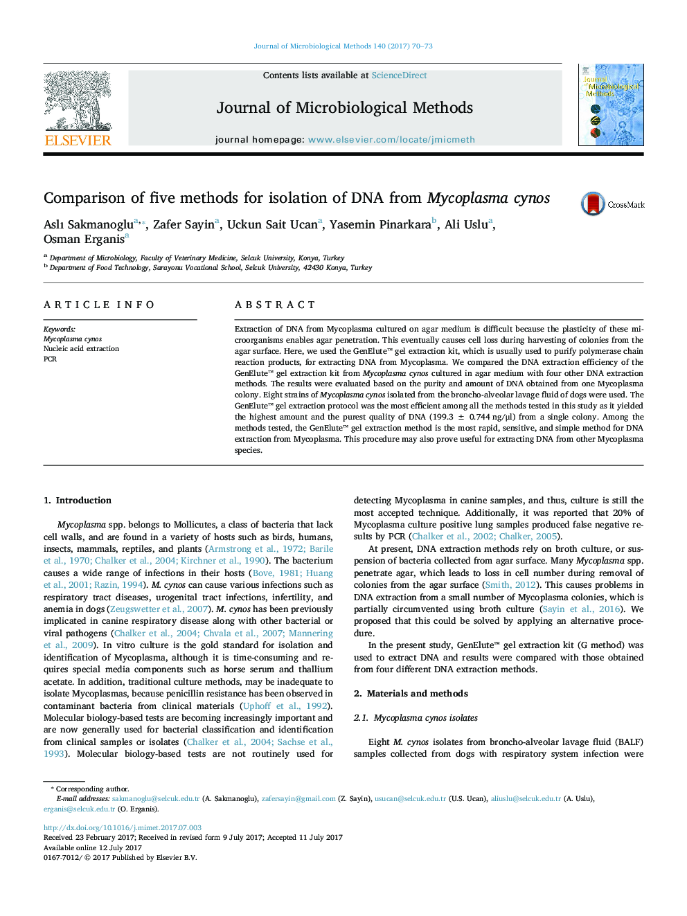 Comparison of five methods for isolation of DNA from Mycoplasma cynos