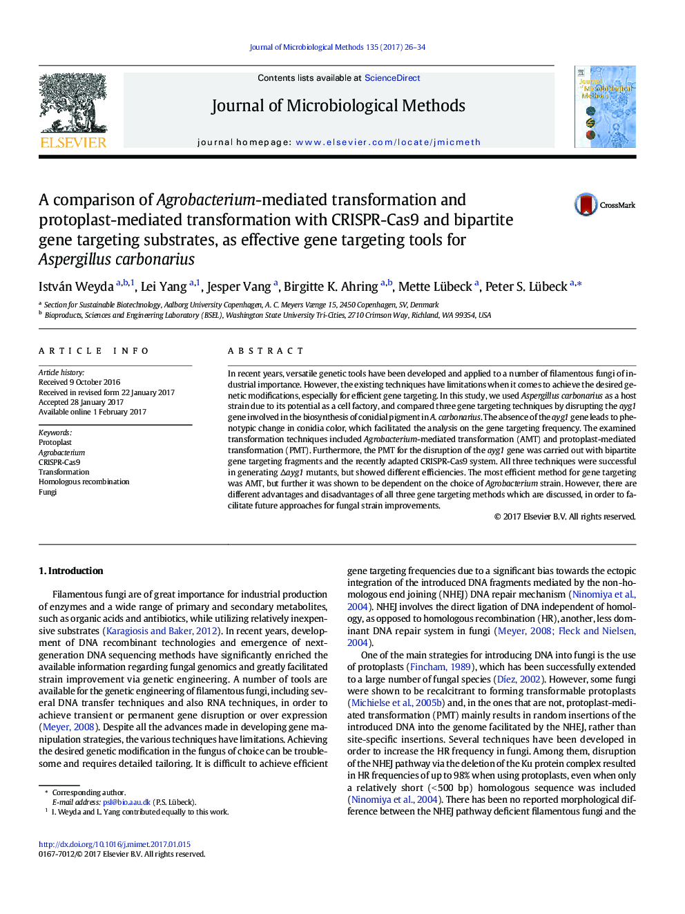 A comparison of Agrobacterium-mediated transformation and protoplast-mediated transformation with CRISPR-Cas9 and bipartite gene targeting substrates, as effective gene targeting tools for Aspergillus carbonarius