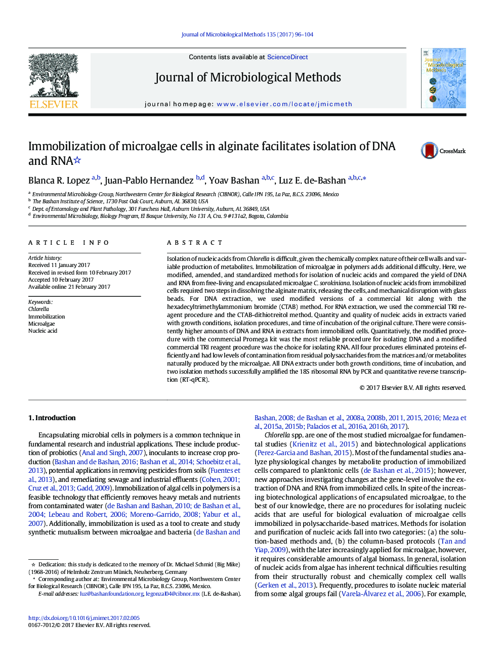 Immobilization of microalgae cells in alginate facilitates isolation of DNA and RNA