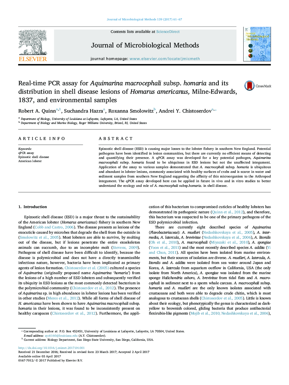 Real-time PCR assay for Aquimarina macrocephali subsp. homaria and its distribution in shell disease lesions of Homarus americanus, Milne-Edwards, 1837, and environmental samples