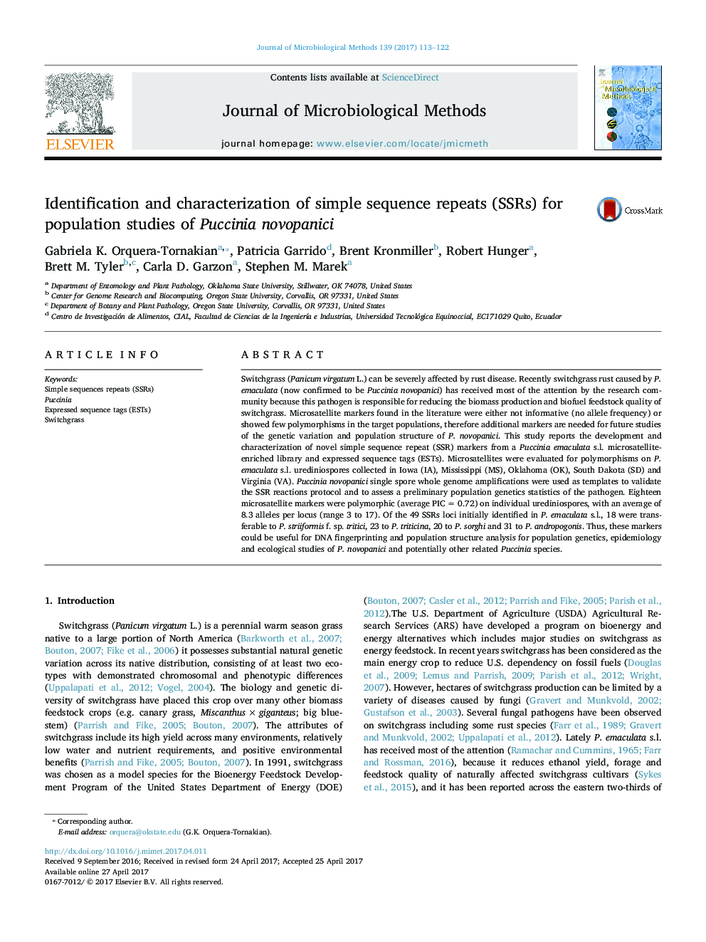 Identification and characterization of simple sequence repeats (SSRs) for population studies of Puccinia novopanici