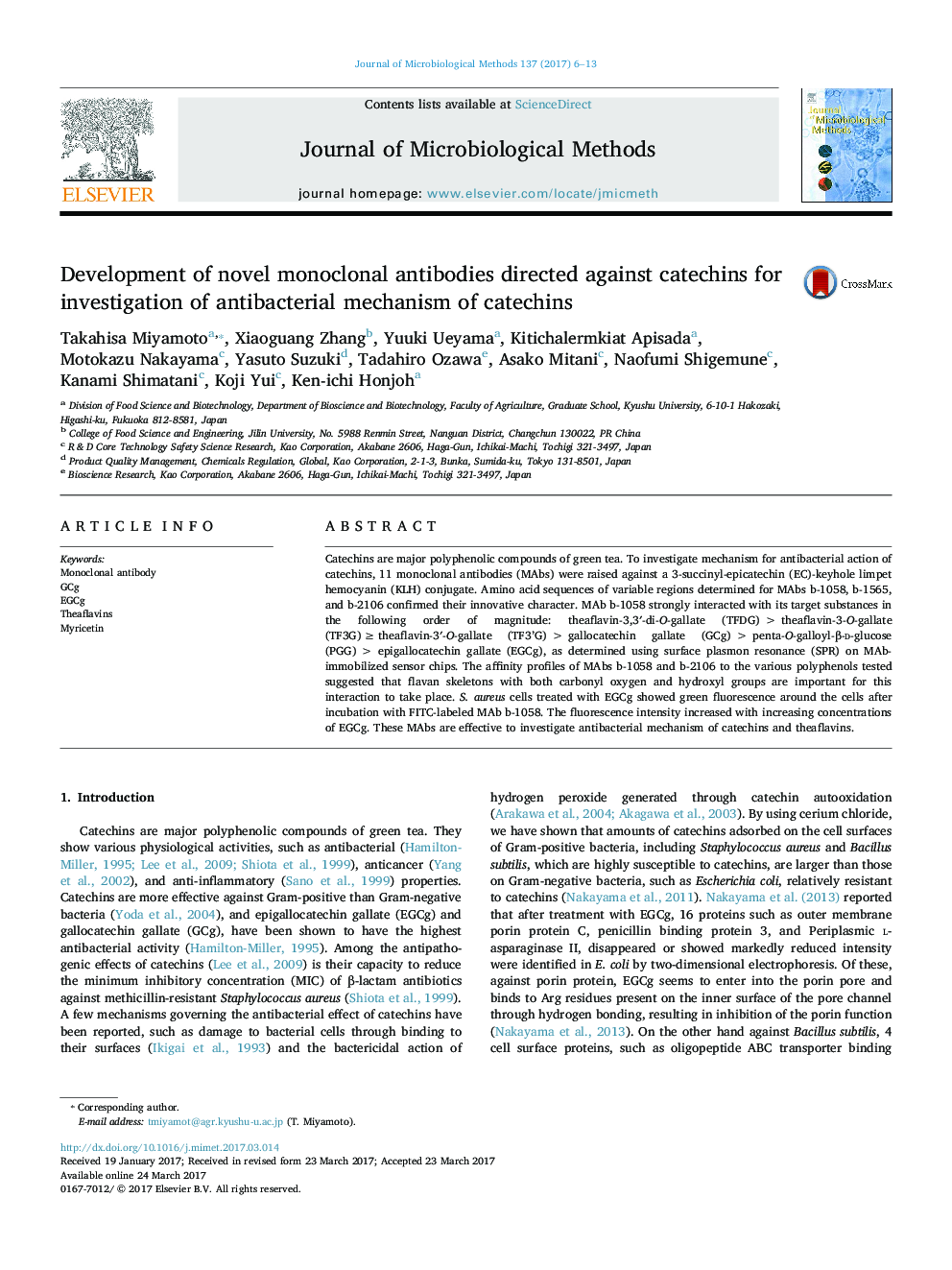 Development of novel monoclonal antibodies directed against catechins for investigation of antibacterial mechanism of catechins