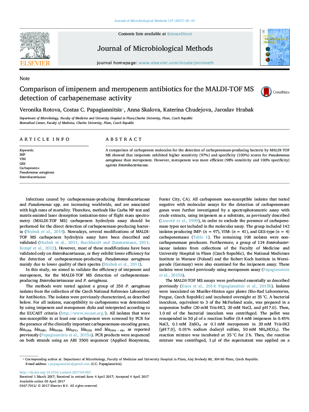 NoteComparison of imipenem and meropenem antibiotics for the MALDI-TOF MS detection of carbapenemase activity