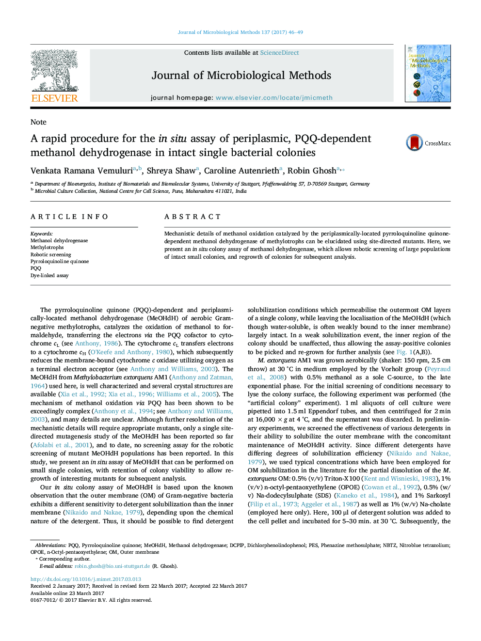 NoteA rapid procedure for the in situ assay of periplasmic, PQQ-dependent methanol dehydrogenase in intact single bacterial colonies