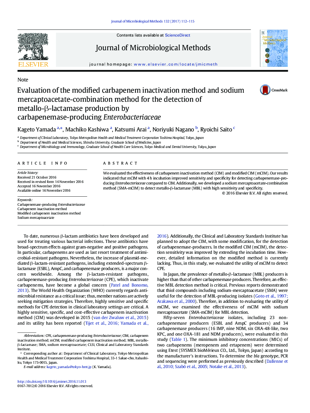 NoteEvaluation of the modified carbapenem inactivation method and sodium mercaptoacetate-combination method for the detection of metallo-Î²-lactamase production by carbapenemase-producing Enterobacteriaceae