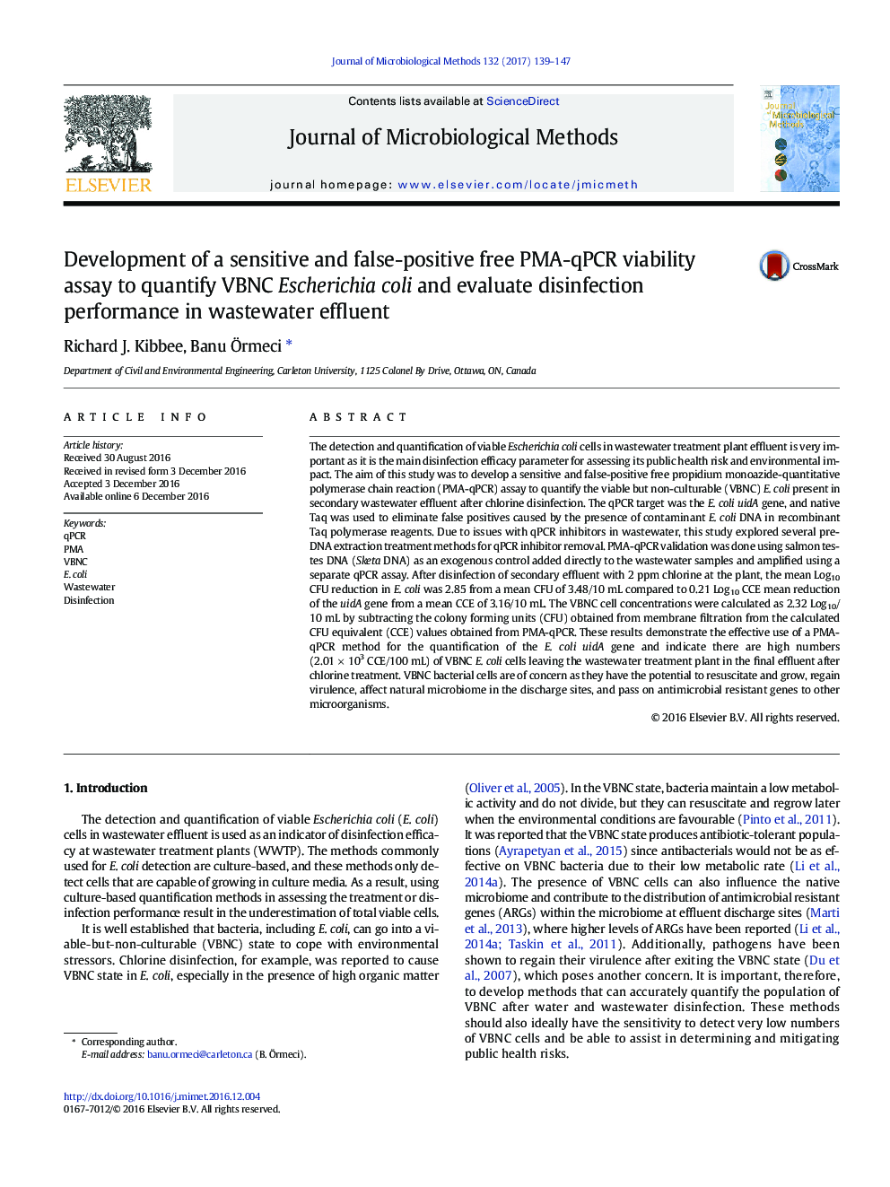 Development of a sensitive and false-positive free PMA-qPCR viability assay to quantify VBNC Escherichia coli and evaluate disinfection performance in wastewater effluent