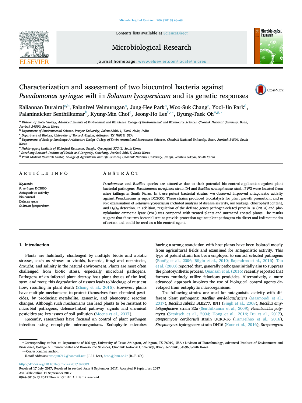 Characterization and assessment of two biocontrol bacteria against Pseudomonas syringae wilt in Solanum lycopersicum and its genetic responses