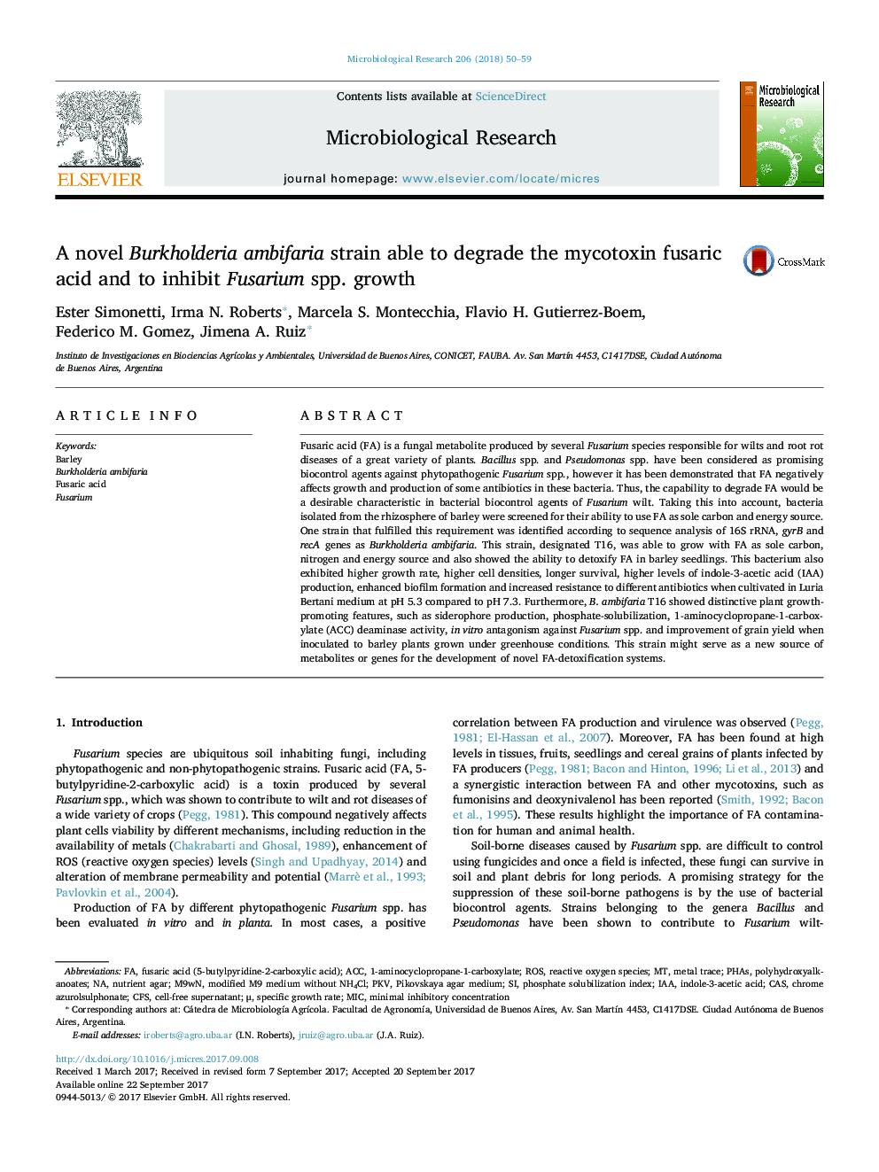 A novel Burkholderia ambifaria strain able to degrade the mycotoxin fusaric acid and to inhibit Fusarium spp. growth