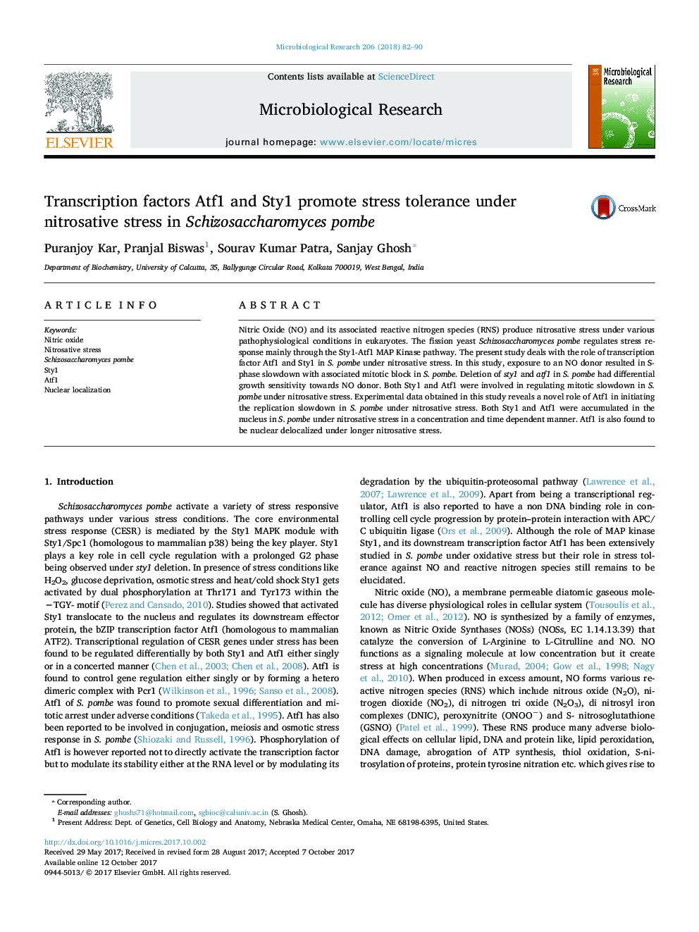 Transcription factors Atf1 and Sty1 promote stress tolerance under nitrosative stress in Schizosaccharomyces pombe