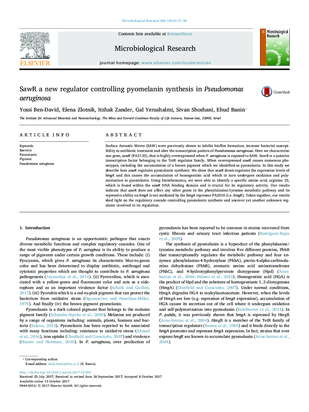 SawR a new regulator controlling pyomelanin synthesis in Pseudomonas aeruginosa