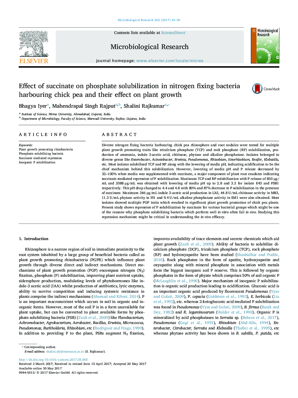 Effect of succinate on phosphate solubilization in nitrogen fixing bacteria harbouring chick pea and their effect on plant growth