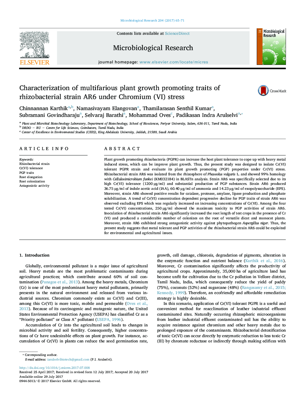 Characterization of multifarious plant growth promoting traits of rhizobacterial strain AR6 under Chromium (VI) stress