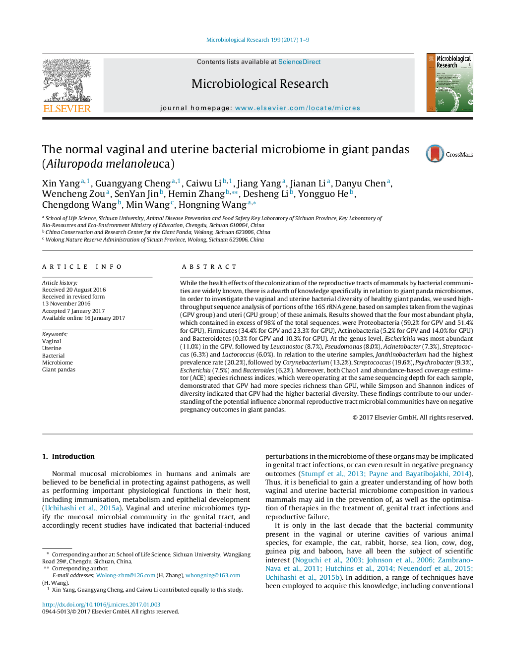 The normal vaginal and uterine bacterial microbiome in giant pandas (Ailuropoda melanoleuca)