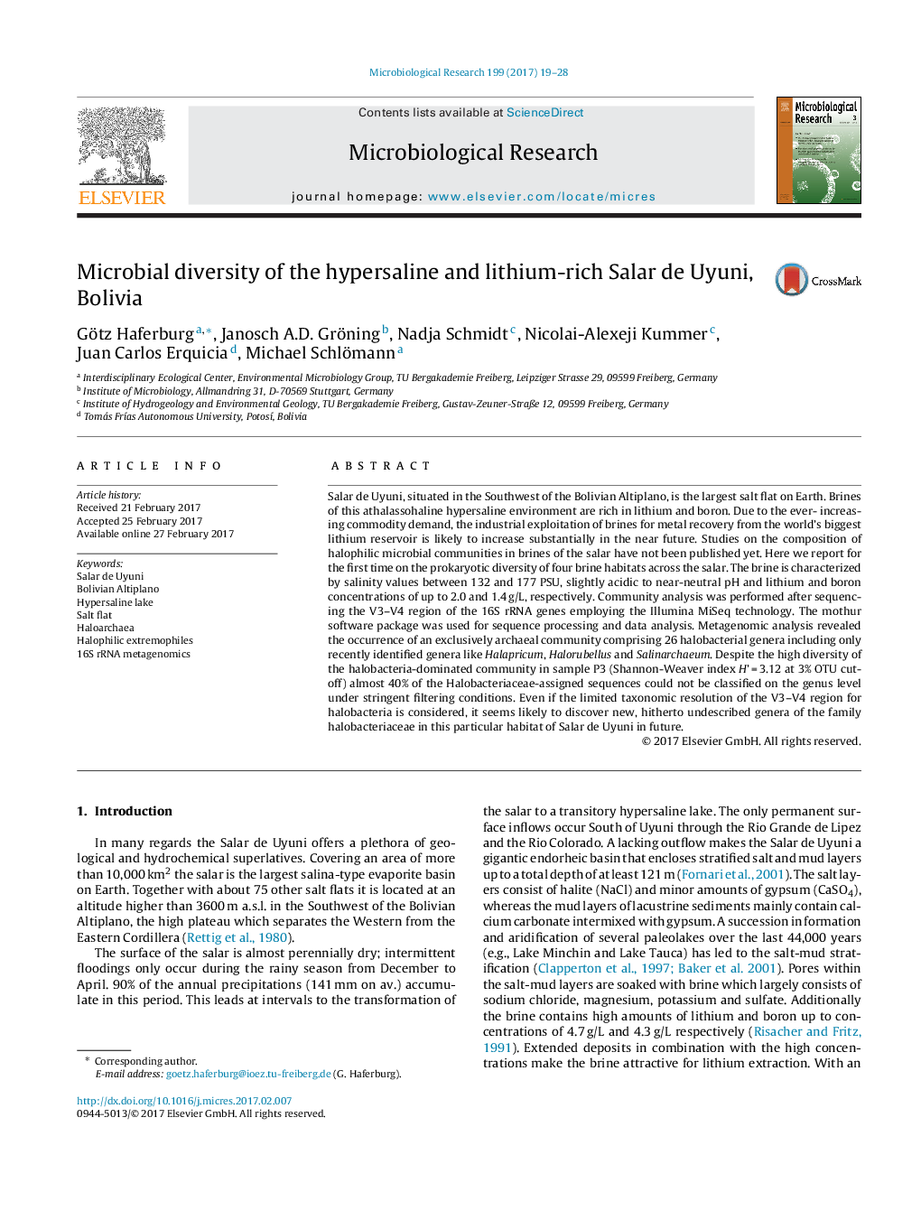 Microbial diversity of the hypersaline and lithium-rich Salar de Uyuni, Bolivia